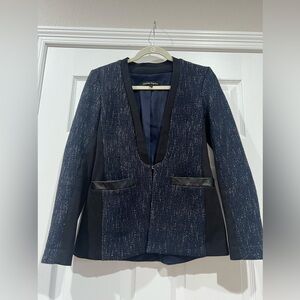 Nanette Lepore Scandal Jacket Navy Blue Black Tweed Leather Trim Blazer Size 2